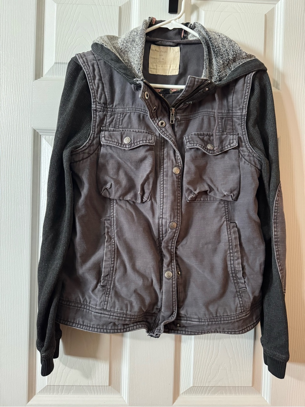 Free People charcoal gray hooded jacket with knit accents